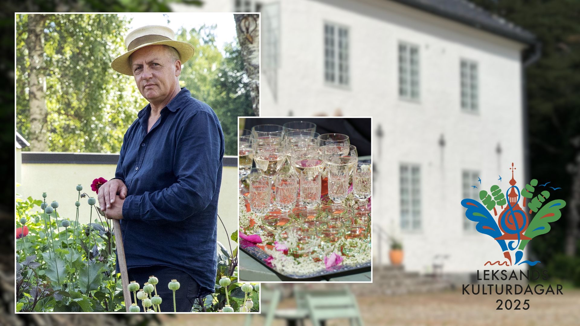Bildkollage med Hildasholm i bakgrunden, en infälld bild på trädgårdsmästare Ingemar Blomqvist i stråhatt och en infälld bild på en bricka med champangeglas.